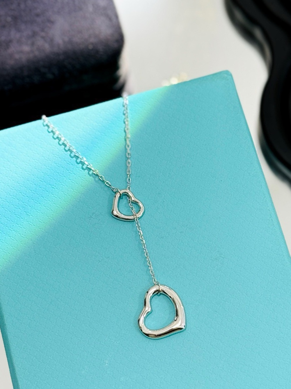 Sterling Silver Double Heart Lariat Necklace - Silver